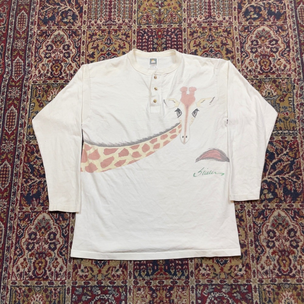 VTG 90s Cotton Deluxe Giraffe Graphic Henley Shirt Mens Medium White Made in USA